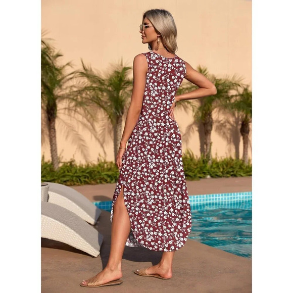 Women's Summer Red Flower Sleeveless Maxi Loose Split Dresses with Pockets - Picture 8 of 9